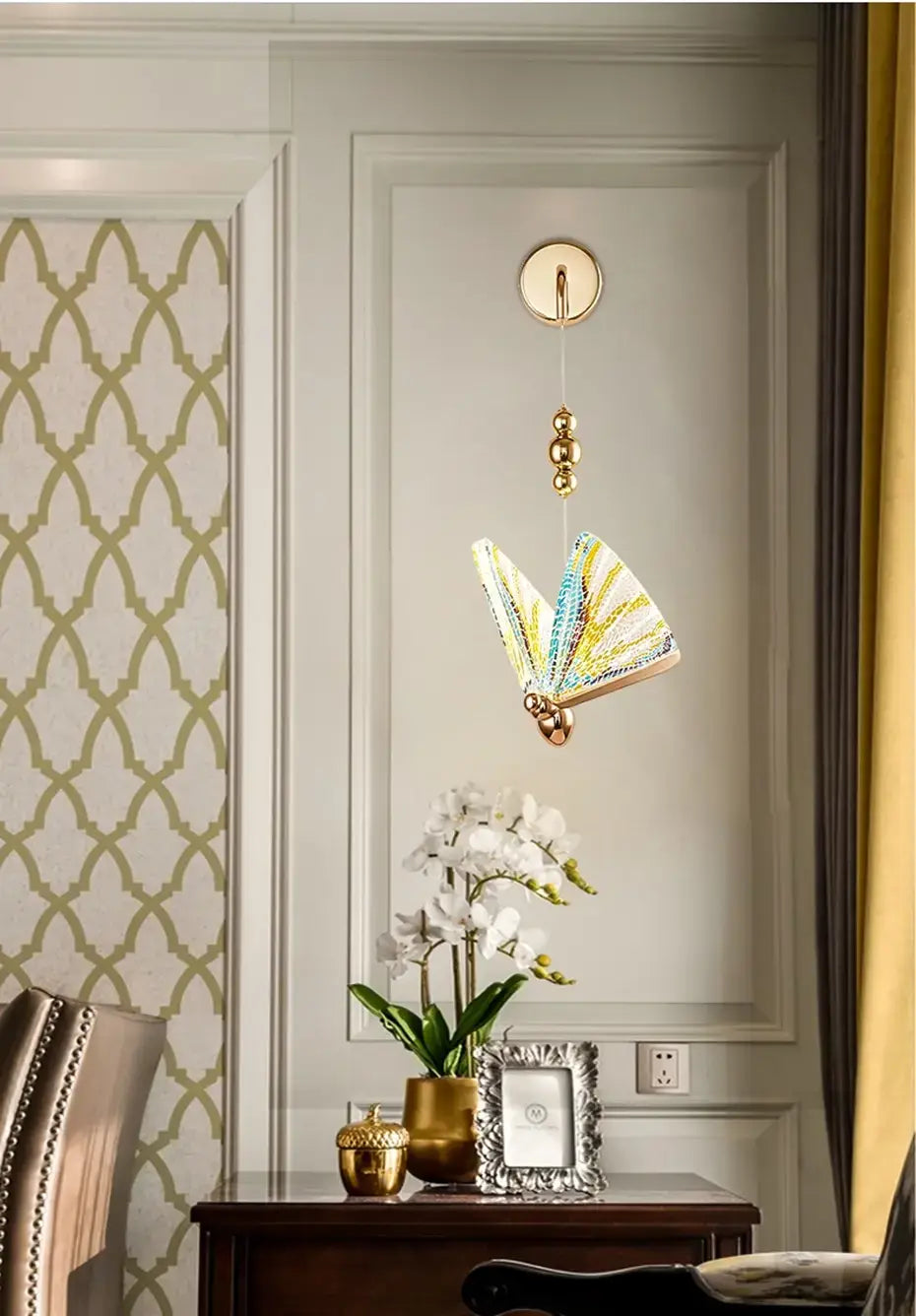 Gold and patterned butterfly led wall light features a delicate butterfly-shaped pendant with iridescent wings and gold-toned metallic accents, ideal as a nordic butterfly led wall light for bedroom decor.