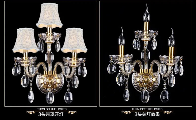 DecorBites™ K9 Crystal Gold Wall Lamp with LED Bulbs & Lampshades, Luxury Bedside Light