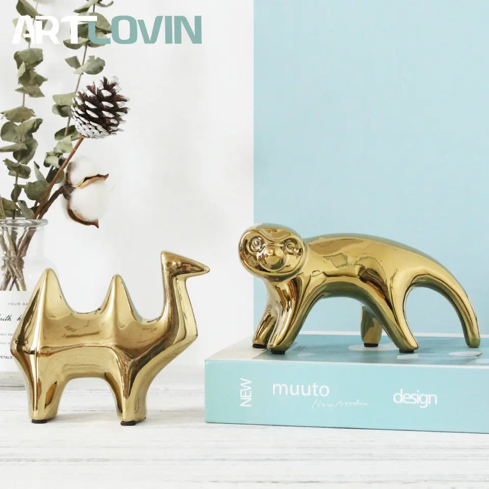 DecorBites™ Gold Camel Ceramic Figurines, Bird Ornaments, Home Decor Accessories