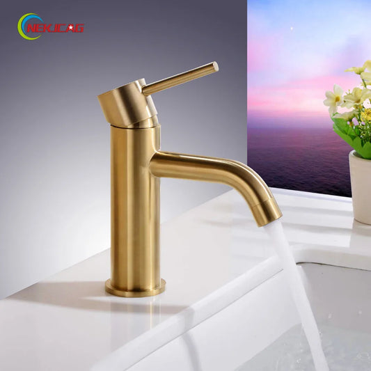 DecorBites™ Golden Brass Basin Faucet Deck Mounted Vessel Sink Mixer Tap Hot Cold