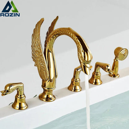 DecorBites™ Golden Swan Bathtub Faucet Set with Brass Hand Shower.