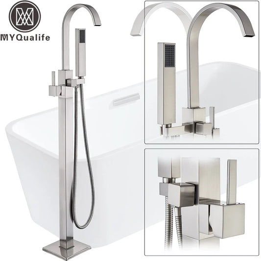 DecorBites™ Freestanding Tub Faucet with Handshower: Brushed Nickel Floor Mounted Mixer Tap