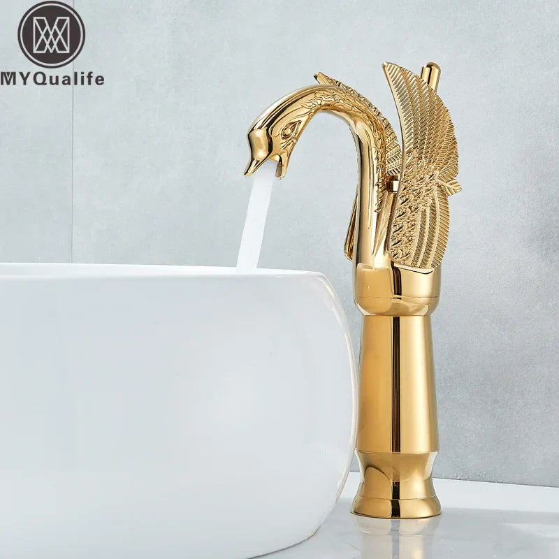 Decorbites™ Grifo Mezclador de Baño Golden Swan - Grifo de Lavabo de Montaje en Cubierta con Una Manija