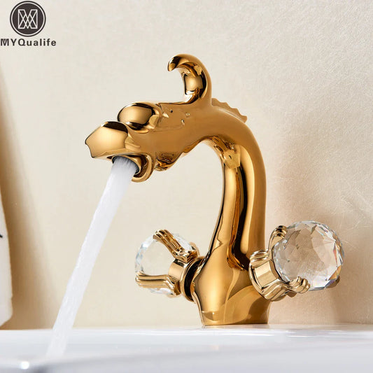 DecorBites™ Chinese Dragon Crystal Handle Basin Faucet Dual Hot Cold Deck Mounted Sink