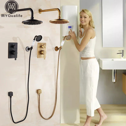 DecorBites™ Antique Brass Bathroom Shower Mixer Set with 8" Rainfall and Handshower