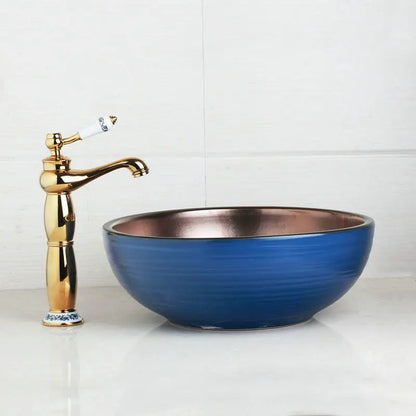 DecorBites™ Hand Painted Ceramic Vessel Sink Set with Golden Teapot Spout Faucet