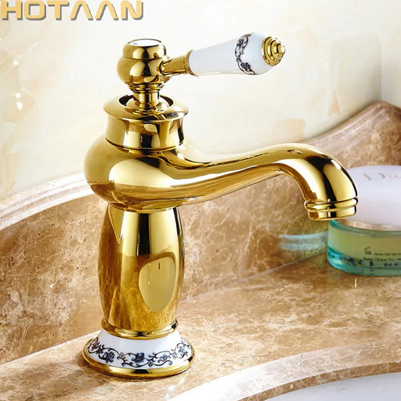 Grifo de Lavabo de Lujo Moderno con Acabado Dorado Decorbites™ Asa Única Agua Caliente y Fría de Latón
