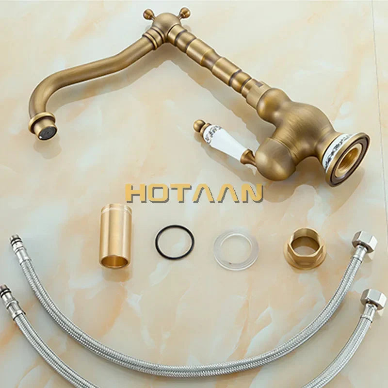 صنبور حوض حمام نحاسي عتيق من DecorBites™، خلاط حوض مثبت على السطح بمقبض واحد