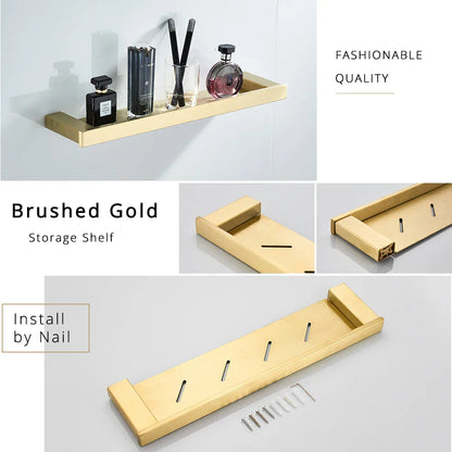 DecorBites™ Brushed Gold Stainless Steel Bathroom Accessory Set: TP Holder, Towel Bar, Storage Shelf
