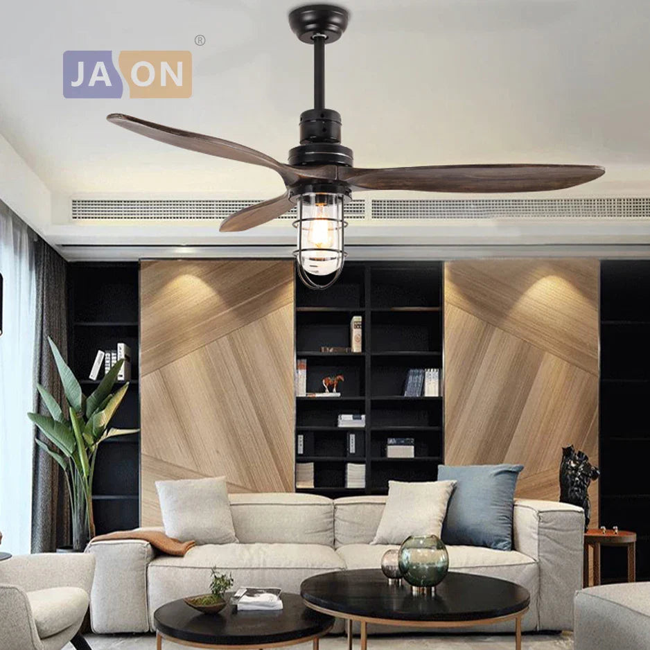 DecorBites™ Edison Loft Iron Glass Wood Ceiling Fan with LED Light for Foyer Bedroom