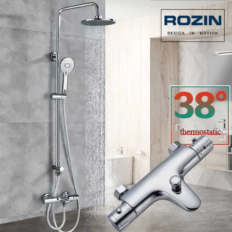 DecorBites™ Black Thermostatic Shower Faucet Set Chrome Wall Mount Rainfall Mixer Tap