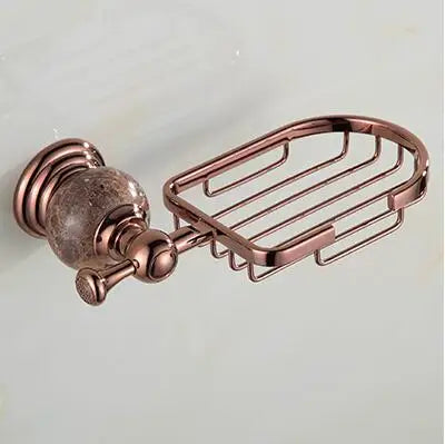 DecorBites™ Brass & Jade Rose Gold Bathroom Set: Paper Holder, Towel Bar, Soap Basket