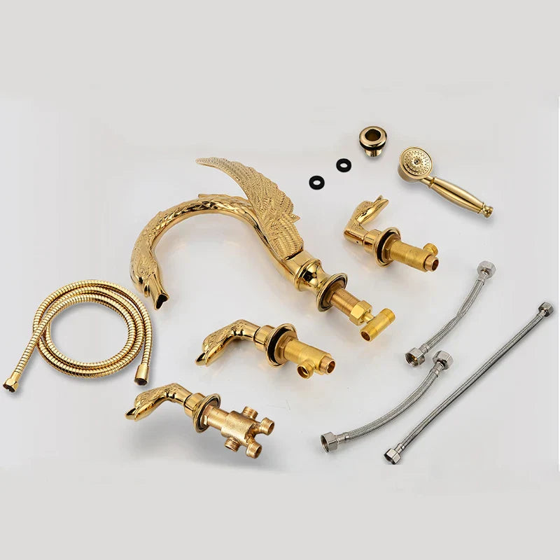 DecorBites™ Golden Swan Bathtub Faucet Set with Brass Hand Shower.