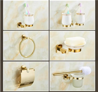 DecorBites™ Gold Brass Bath Hardware Set: Towel Rack, Paper Holder, Toilet Brush Holder, Towel Ranger, Hooks