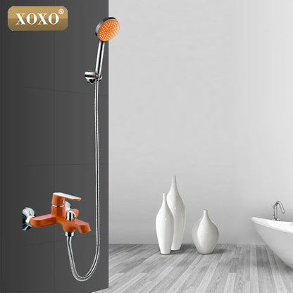 DecorBites™ Brass Chrome Wall Mounted Shower Faucet Set with Green Orange Shower Head