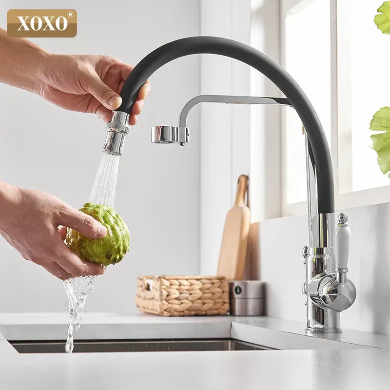 Decorbites™ Grifo de cocina montado en cubierta negra con rotación de 360° y filtro de agua pura