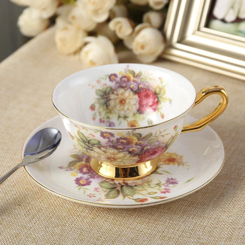 DecorBites™ Elegant Floral Bone China Tea Cup Set 200ml - Premium Porcelain Teacup Saucer Spoon