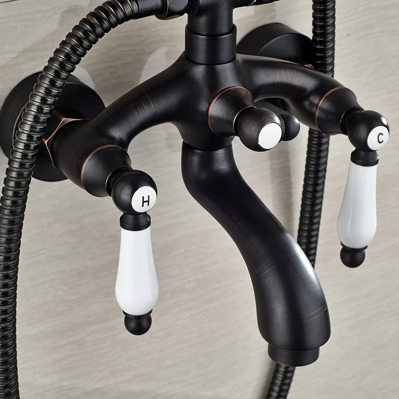 DecorBites™ Black Bronze Bathroom Shower Faucet Set with Dual Ceramic Handles & 8" Rainfall Column