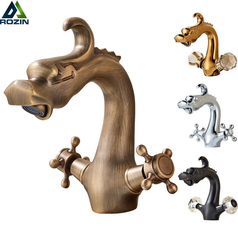 Grifo mezclador para lavabo DecorBites™ con manija de dragón - Bronce antiguo