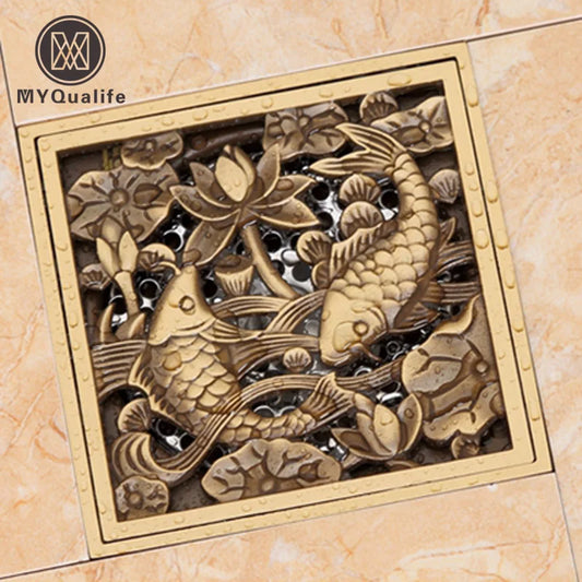 DecorBites™ Antique Brass Square Fish Carved Bathroom Floor Drain Hair Strainer