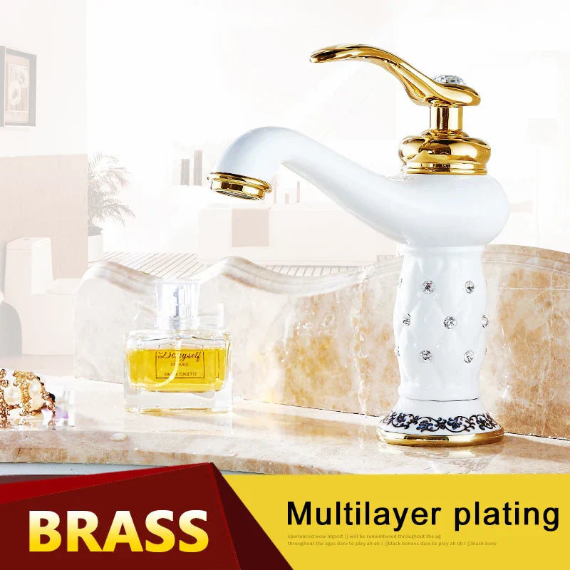 Grifo de Lavabo de Latón Dorado Decorbites™ con Diamante, Asa Única Mezclador de Agua Caliente y Fría