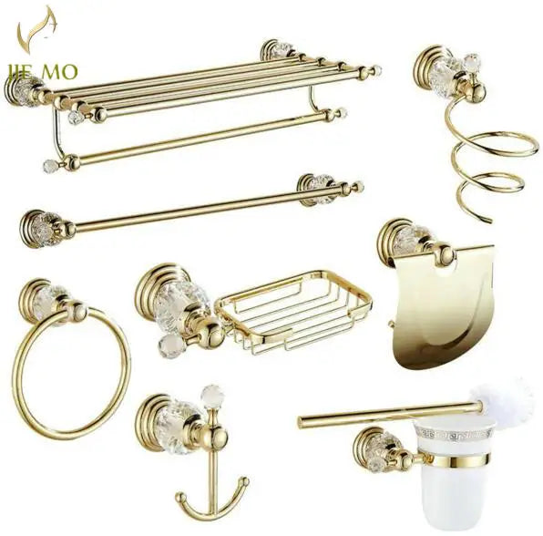 DecorBites™ Brass & Crystal Bathroom Set: Towel Rack, Towel Bar, Paper Holder, Soap Dish
