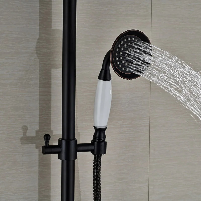 DecorBites™ Black Bronze Bathroom Shower Faucet Set with Dual Ceramic Handles & 8" Rainfall Column