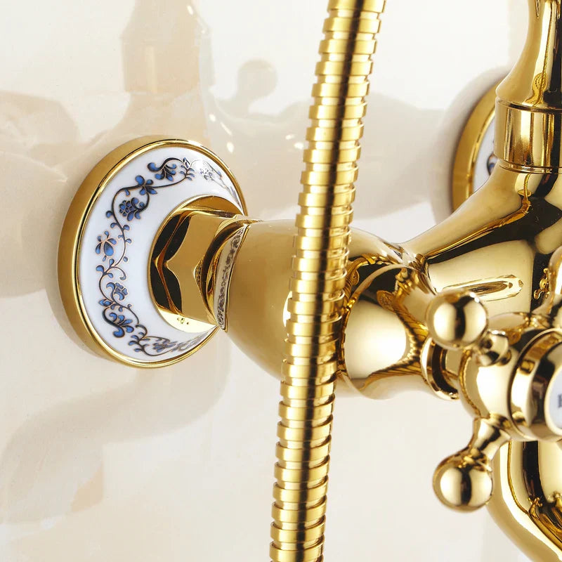 Grifo de bañera montado en la pared de latón dorado Decorbites™ con kit de ducha de mano