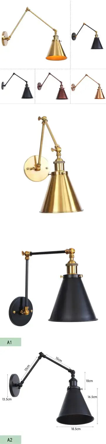 Antique black and copper adjustable wall lamp sconce with brass and black conical shade ideal for bedroom lighting.