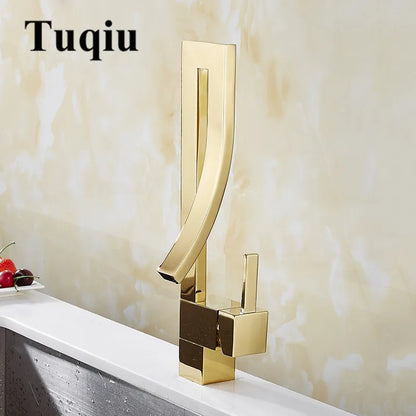 DecorBites™ Gold Brass Square Basin Faucet Single Handle Deck Mounted Bathroom Sink Mixer
