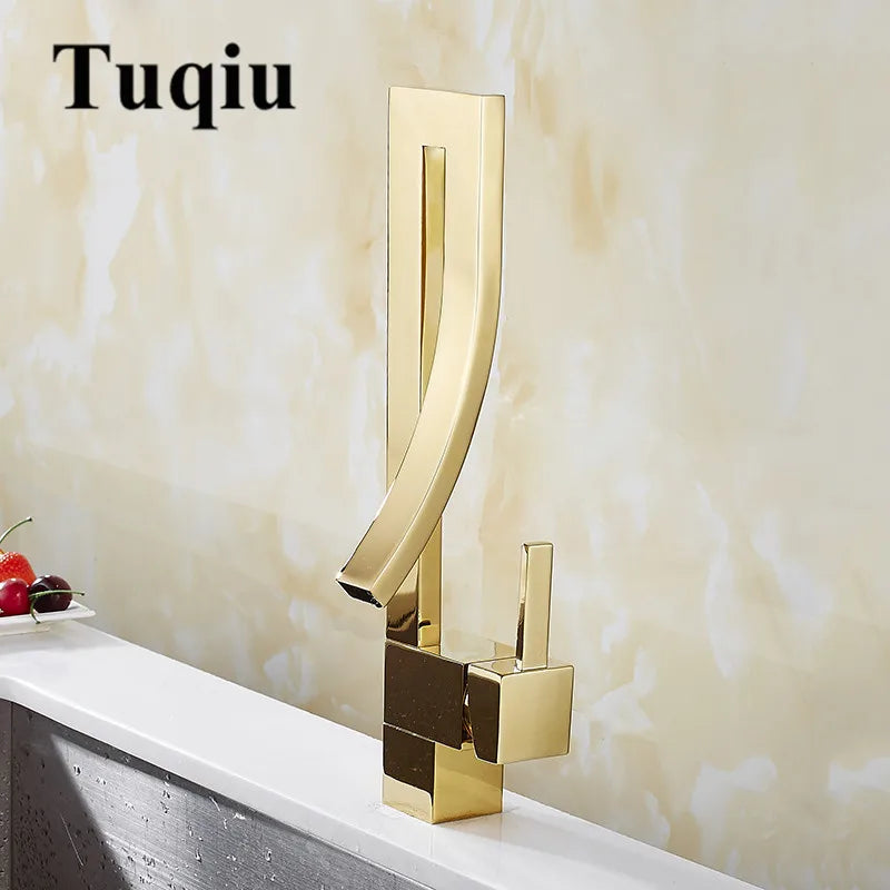 Grifo de Lavabo Cuadrado de Latón Dorado Decorbites™ Asa Única Montado en Cubierta para Baño