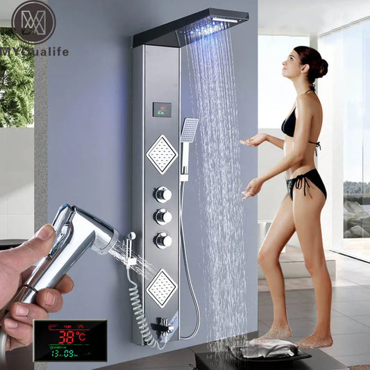 DecorBites™ Black LED Shower Panel Tower with Digital Screen and Thermostatic Mixer
