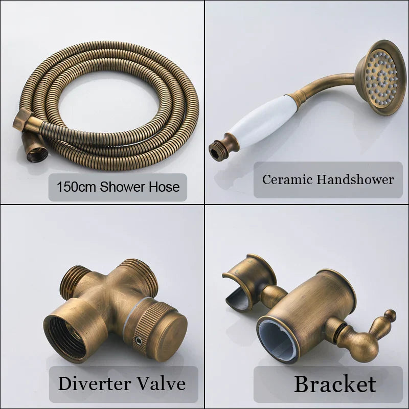 Juego de ducha DecorBites™ de latón antiguo con monomando y grifo mezclador de pared tipo lluvia.