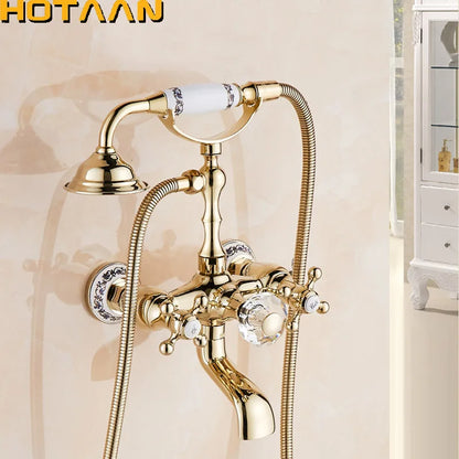 DecorBites™ Gold Finish Bath Tub Faucet with Ceramic Handle and Handheld Shower AI-5329