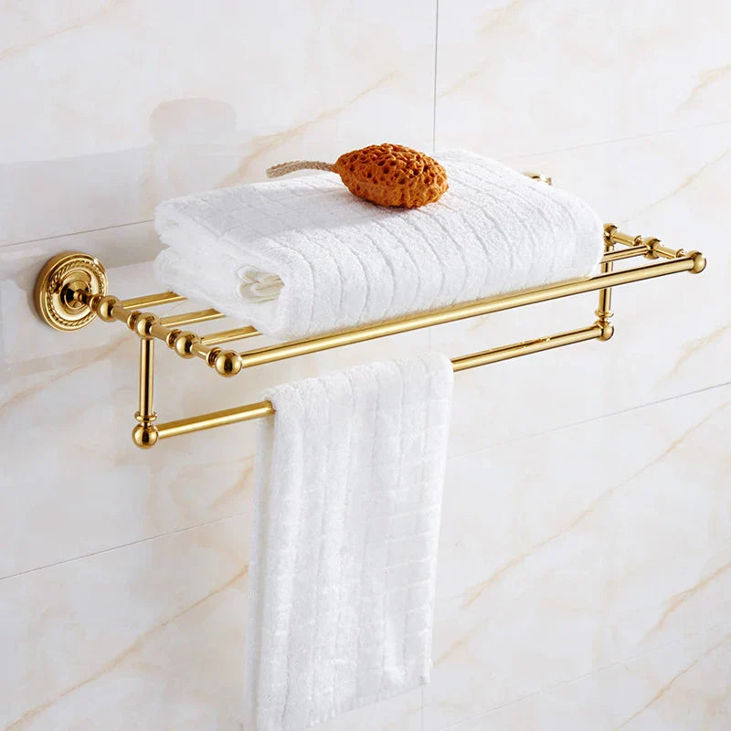 DecorBites™ Brass Gold Bathroom Hardware Set: Towel Rack, Paper Holder, Toilet Brush, Hooks, Towel Ring