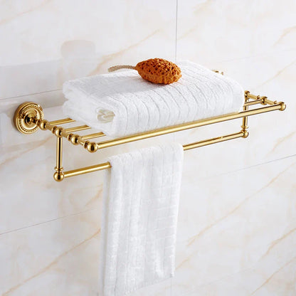 DecorBites™ Brass Gold Bathroom Hardware Set: Towel Rack, Paper Holder, Toilet Brush, Hooks, Towel Ring