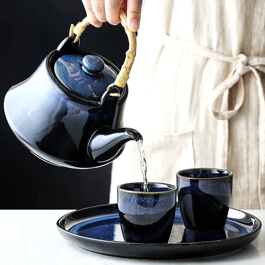 DecorBites™ Blue Ceramic Tea Kettle Set - Porcelain Teaware Set