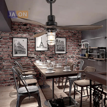 DecorBites™ Edison Loft Iron Glass Wood Ceiling Fan with LED Light for Foyer Bedroom