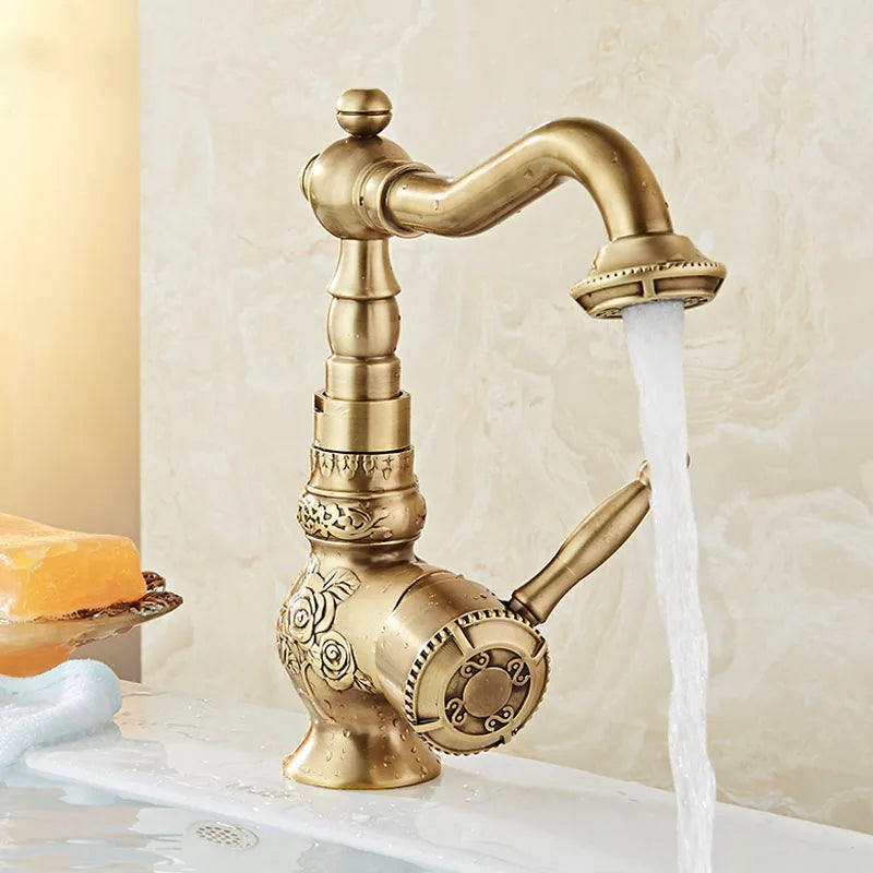 DecorBites™ Black Flower Carved Basin Mixer Tap with Swivel Neck, Single Lever Control