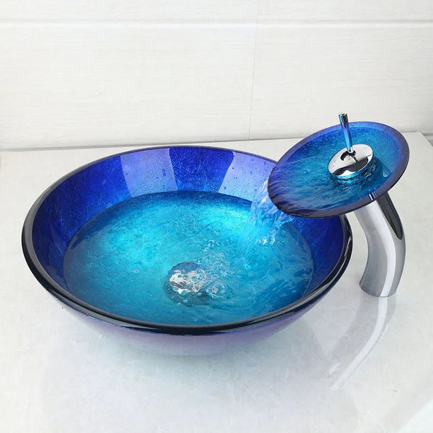 Juego de grifo alto para lavabo DecorBites™ en cromo azul con cascada de vidrio pintado a mano