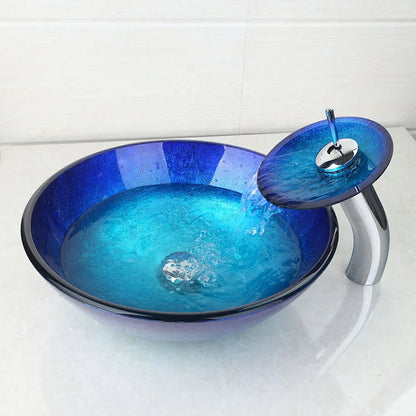 Juego de grifo alto para lavabo DecorBites™ en cromo azul con cascada de vidrio pintado a mano