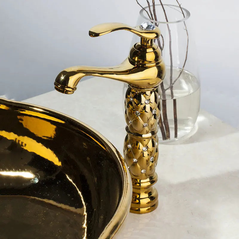 DecorBites™ Golden Ceramic Washbasin and Brass Mixer Faucet Set