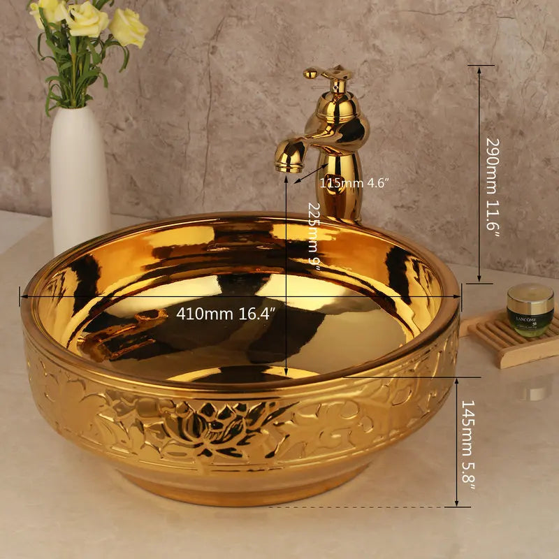 DecorBites™ Golden Ceramic Washbasin and Brass Mixer Faucet Set