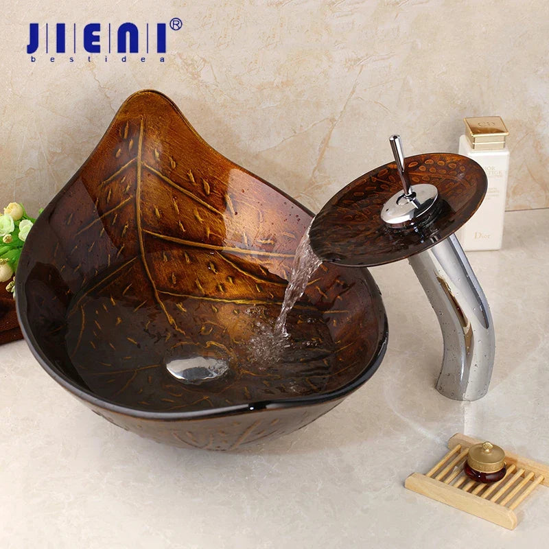 DecorBites™ Golden Leaf Vessel Glass Sink Set with Chrome Faucet