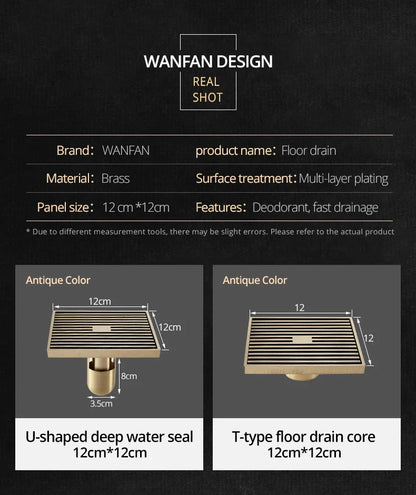 مصفاة حوض استحمام مربعة من نحاس عتيق من DecorBites™، مصنوعة من شعر منحوت على شكل شبكة تصريف أرضية