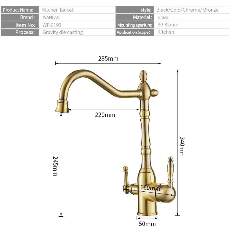 Grifo de Oro Decorbites™ para Cocina con Rotación de 360°, Mezclador Frío/Caliente y Purificación de Agua