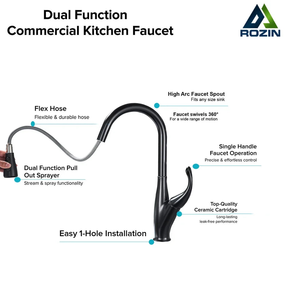 DecorBites™ Black Kitchen Faucet Pull Out Mixer with Single Handle and Stream Spray