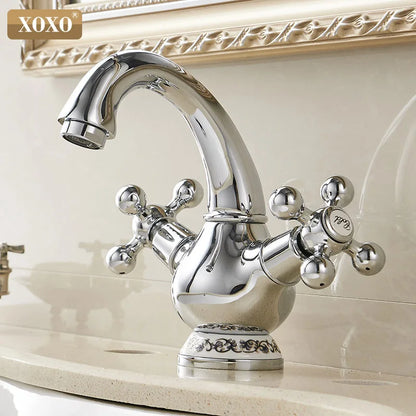 DecorBites™ Double Handle Chrome Basin Faucet with Ceramic Decoration