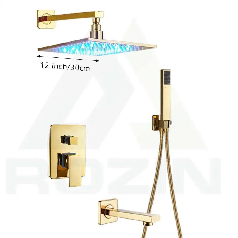 Grifo de ducha tipo lluvia DecorBites™ con LED dorado, mezclador de 3 vías y caño de latón