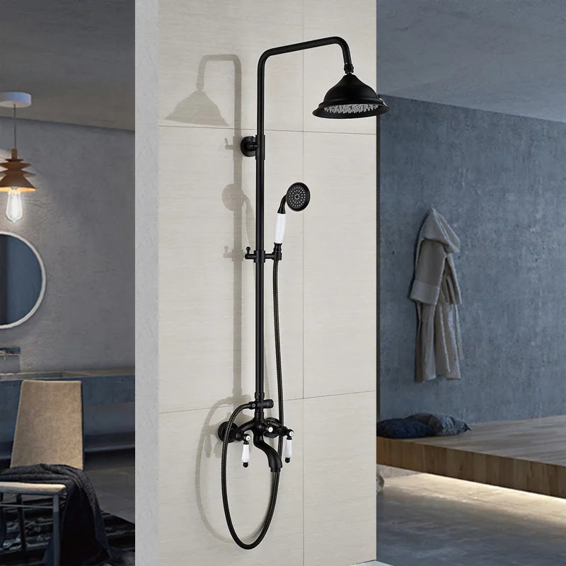 DecorBites™ Black Bronze Bathroom Shower Faucet Set with Dual Ceramic Handles & 8" Rainfall Column